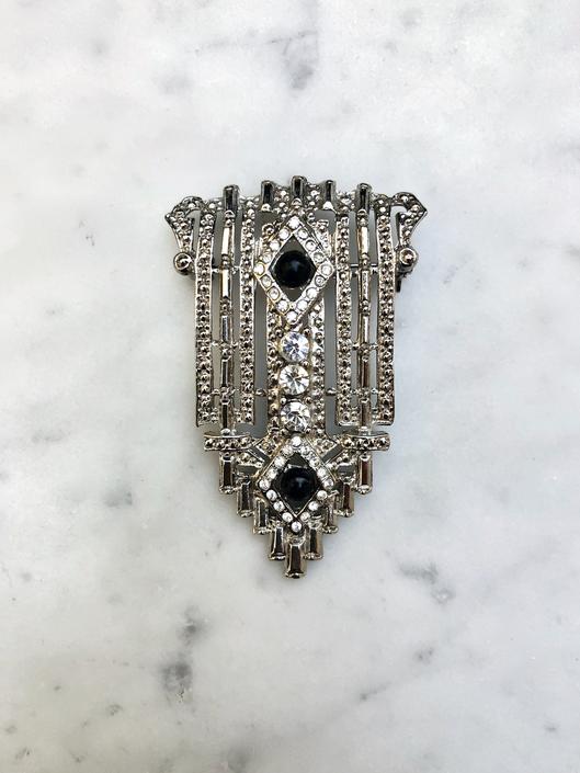 Authentic Vintage Art Deco Nouveau Black Enamel Rhinestone Earrings