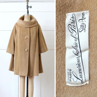 designer vintage 1950s Lilli Ann swing coat • elegant camel wool trapeze coat with portrait collar & belled sleeves 