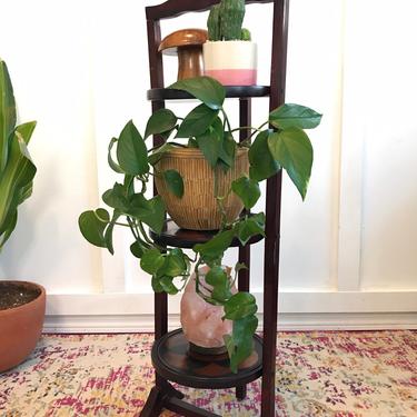 Vintage Pie Stand 3 Tier Wood Folding Table Folk lotus Design a burnished wood Plant Stand 