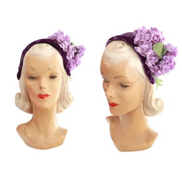 1940s Purple Bonnet Hat with Purple Lilac Flowers - 1940s Purple Hat - 1940s Floral Hat - Vintage Purple Hat - Vintage Bonnet Hat - 40s Hat 