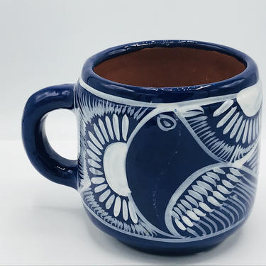 Vintage Mexican Pottery Blue  Mug Hand Crafted Mexico Folk Art 