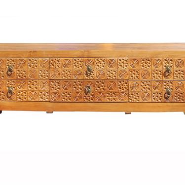 Light Wood Stain Geometric Relief Carving Low Dresser Drawers Cabinet cs4133E 