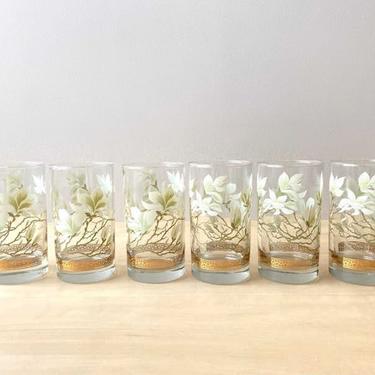 Libby golden lotus magnolia - set of six vintage beverage glasses greek key border 