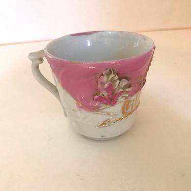 Victorian Gift Cup Pink Lusterware Germany &amp;quot;Till Minne&amp;quot; Pink and Gold Raised FloralDesign Demitasse Tea Cup 