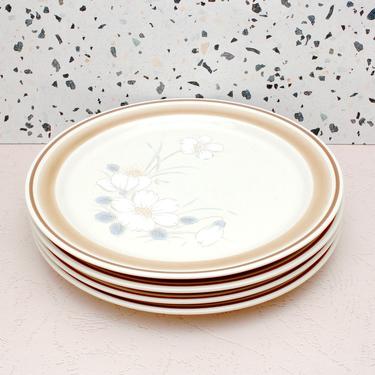Vintage 1980s Hearthside Watercolors Dawn Floral Dinner Plates - Pastel Stoneware Made in Japan - Set/4 