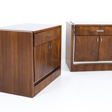 Jack Cartwright for Founders Mid Century Walnut and Chrome Nightstands - A Pair 