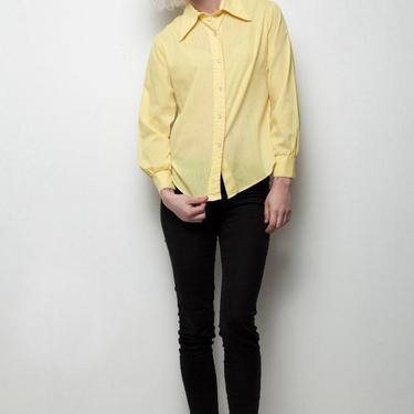 yellow top long sleeve button down shirt pointy collar cotton blend vintage 70s S M SMALL MEDIUM 