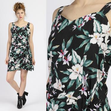 90s Hawaiian Tropical Floral Mini Wrap Dress - Large | Vintage Black Flower Print Side Tie Dress 