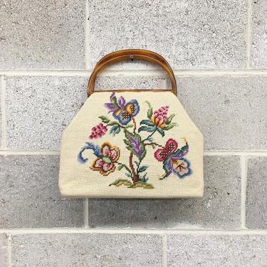 Vintage Handbag Retro 1960s Mid Century Modern + Needlepoint + Embroidered Butterflies + Resin Top Handle Bag + MCM + Womens Accessory 