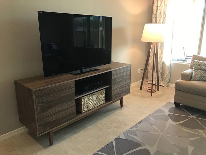 NEW Hand Built Mid Century Style TV Stand. Walnut Two Door w/ center shelf and straight leg base. Credenza / Buffet 