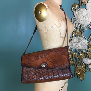 1970s purse, tooled leather, novelty purse, vintage purse, boho style, bears and fish, monogram purse, shoulder bag, name, jo, hippie, pow 