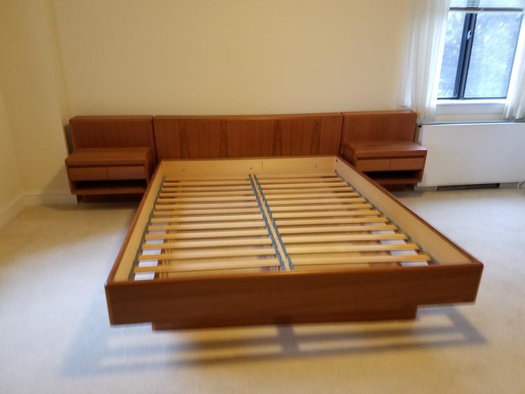 Danish Modern Queen Bed with Attached Nightstands