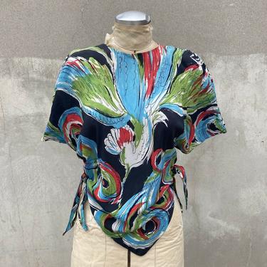 Vintage 1940s Bird Of Paradise Print Rayon Blouse Dress Top Tie Sides Colorful