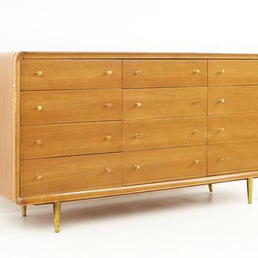 Paul McCobb Style Mid Century Walnut and Brass 12 Drawer Lowboy Dresser - mcm 