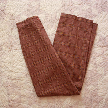 70s Brown Plaid Wool Blend Pants Bell Bottoms Wide Leg Size XXS 