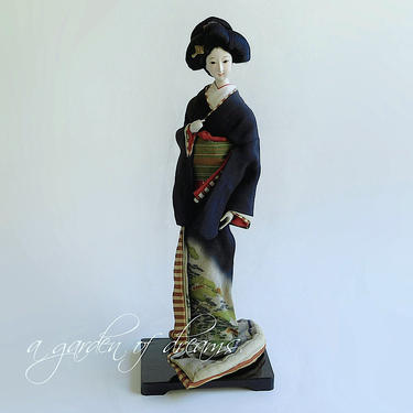 Antique Japanese Geisha doll with silk kimono lacquer stand exquisite details gofun face collectible 19th century 