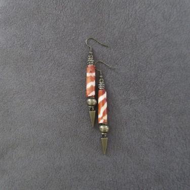 Long orange bone earrings, bold statement earrings, tribal earrings, horn earrings, Art Deco earrings, antique bronze, ethnic earrings 