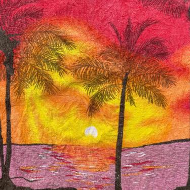 Vintage Sunset Beach Towel, Ocean Sunset With Palm Trees, Pink Black Yellow, Tropical Design,  Pool Towel, By Royal 