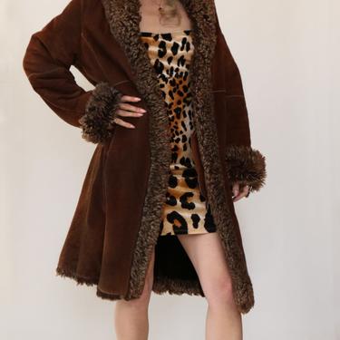 80's Brown Suede Faux Fur Trim Princess Coat Size Medium