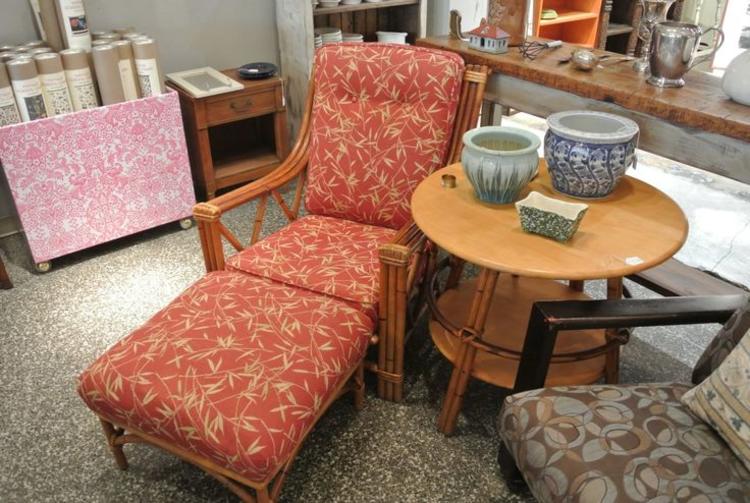 Heywood Wakefield rattan chair + ottoman, side table. $595 and $395