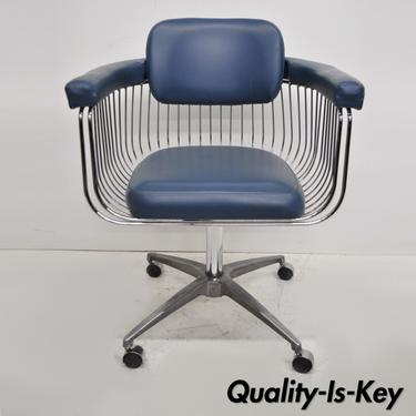 Mid Century Warren Platner Style Chrome &amp; Blue Vinyl Rolling Office Desk Chair