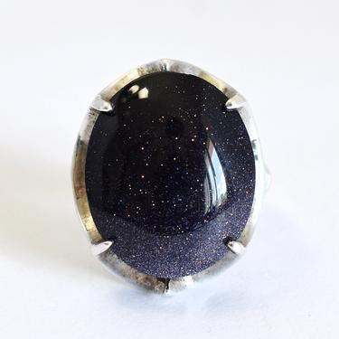 Modernist 90's sterling blue goldstone size 7 abstract swoops ring, big edgy 925 silver sandstone bling solitaire statement 