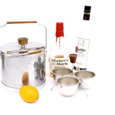 Mid-Century Modern Wood &amp; Chrome Barware Set || Ice Bucket , Tongs , Condiment Caddy || Danish Modern Mad Men Cocktail Accoutrements 