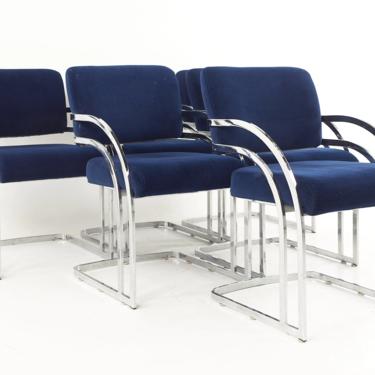 Milo Baughman Style Mid Century Royal Blue and Chrome Dining Chairs - Set of 6 - mcm 