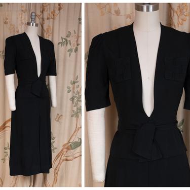 RESERVED 1940s Set - Stylish Vintage Late 30s/ Early 40s Black Rayon Crepe Ensemble with Tie-Front Blouse and A-Line Skirt 