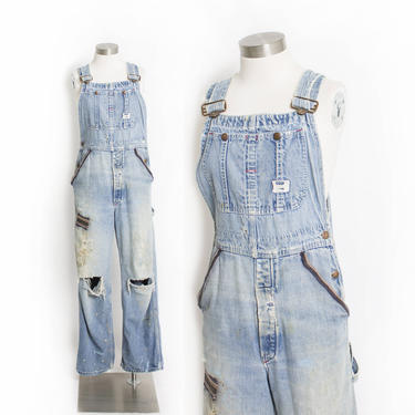 Vintage 1960s Overalls - Big Mac Square Bak Hand Embroidered Hippie Distressed Denim Workwear 29&amp;quot;x29&amp;quot; Small 