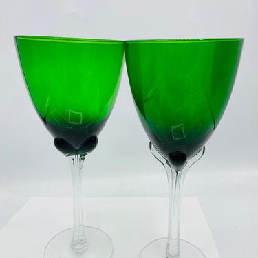 Vintage Green Blown Art Glass Water Wine Goblet Glasses Set of 2 Clear Petal Stem Glassware- 16 oz 