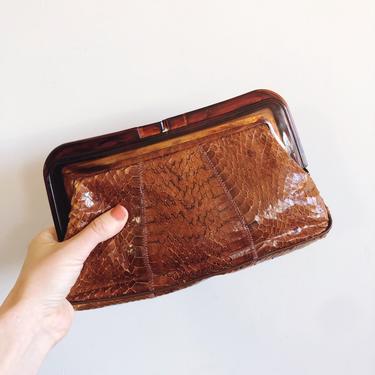 Vintage Python Clutch with Lucite Tortoise Shell Frame 
