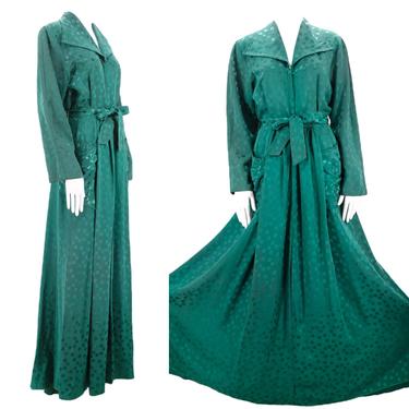 30s rayon Satin emerald dressing gown M / vintage late 1930s 40s dot print zip front dress with wide sweep and sash 1940s S-M 