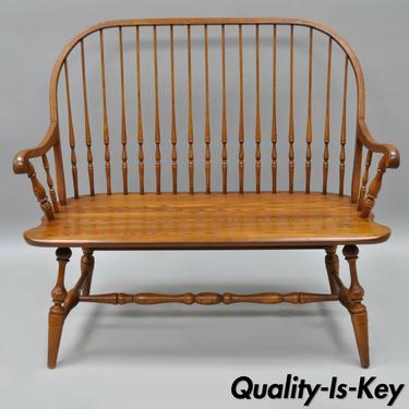 Solid Oak Wood Windsor Colonial Style Spindle Back Bench Settee Signed H.C. Co