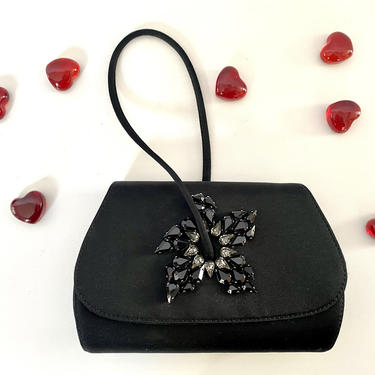 Vintage Rodo Italy Satin Black Evening Bag With Swarovski Crystals 
