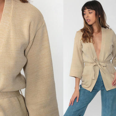 Tan Wrap Cardigan 70s Boho Sweater Slouchy Knit Vintage 1970s Slouch Retro Bohemian Plain Sweater Belted Beige Small 