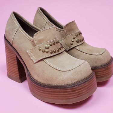 Deadstock vintage 90s chunky platforms. Stacked leather block heels. Suede upper. Various sizes. 70's throwback. 