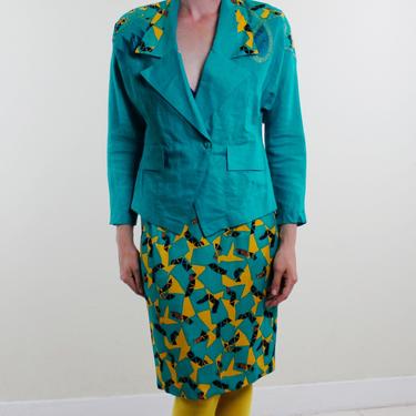 Vintage 80's two piece blazer &amp; skirt set, bright teal, yellow and black geometric accents, shoulder pads, faux lizard skin - Medium 