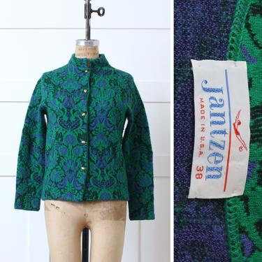 vintage early 1960s cardigan • Jantzen bright blue & green patterned wool sweater 