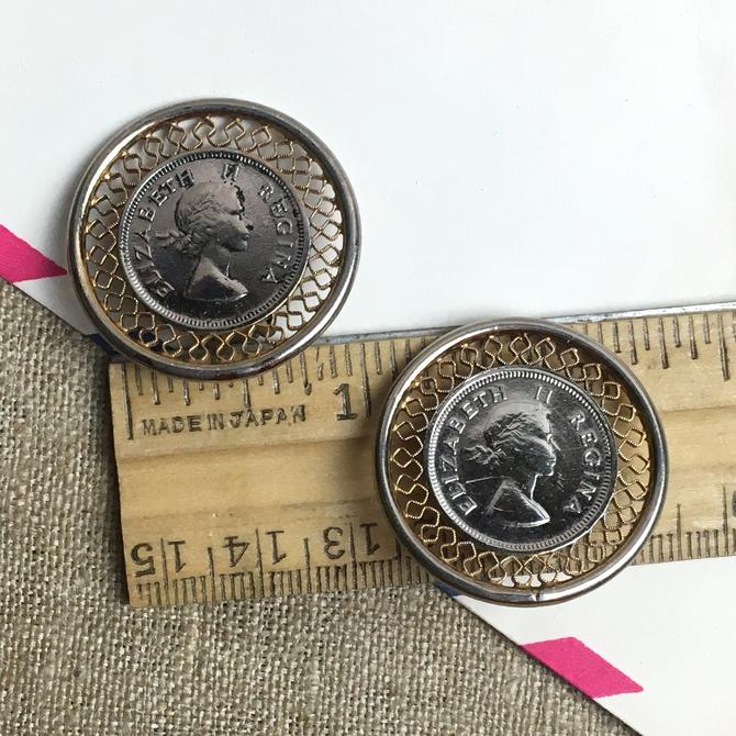 Bergere Elizabeth II Regina coin clip earrings - vintage costume jewelry 