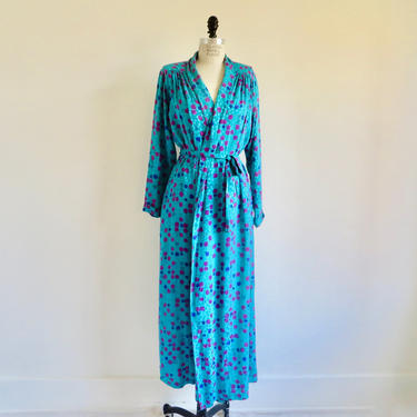 Vintage 1980's Turquoise Teal Silk Print Long Maxi Wrap Dress Loungewear Robe Long Sleeves Saks Fifth Avenue Medium 