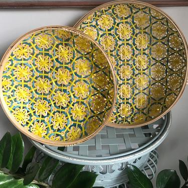 Vintage Yellow and Turquoise Woven Round Basket Nesting Pair 