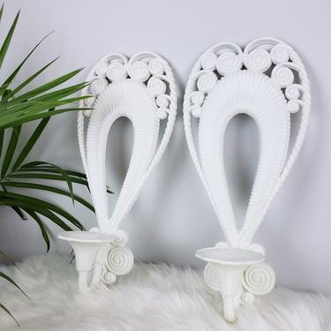 Vintage MCM Burwood Products Candlestick Wall Sconces | Pair of White Resin Plastic Plaques Boho Swirls Curls Heart Shape | FREE SHIPPING! 