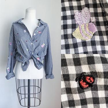 Vintage Gingham Insect Blouse / L 