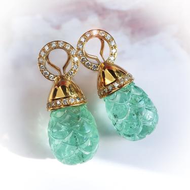 Estate 40.69ct t.w. Carved Emerald Diamond Pineapple Statement Earrings 18K 14k Yellow Gold 