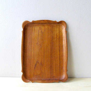 vintage teak wood tray hand carved routed edge scalloped border cheese tray 