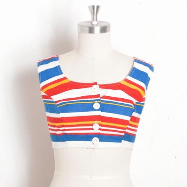 Vintage 1960s Top / 60s Ultra Cropped Striped Blouse / White Red Blue ( small S ) 