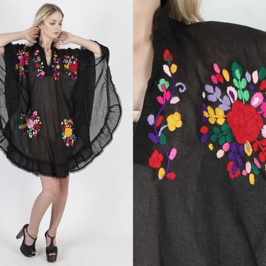 Vintage Sheer Beach Cover Up Dress Black Mexican Dress One Size Caftan Dress Beach Party Sun Dress Embroidered Floral Summer Mini Dress 