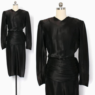 Vintage 40s Satin  DRESS / 1940s Femme Fatale Black Satin Draped Swag Back Dress S 