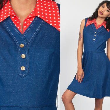 70s Mini Dress Blue Polka Dot Collared Dress Mod Dress Red Button Up High Waisted Twiggy Dress Minidress 1970s Vintage Sleeveless Small 4 